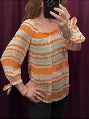 Trina Turk Orange and Cream Striped Peasant Top